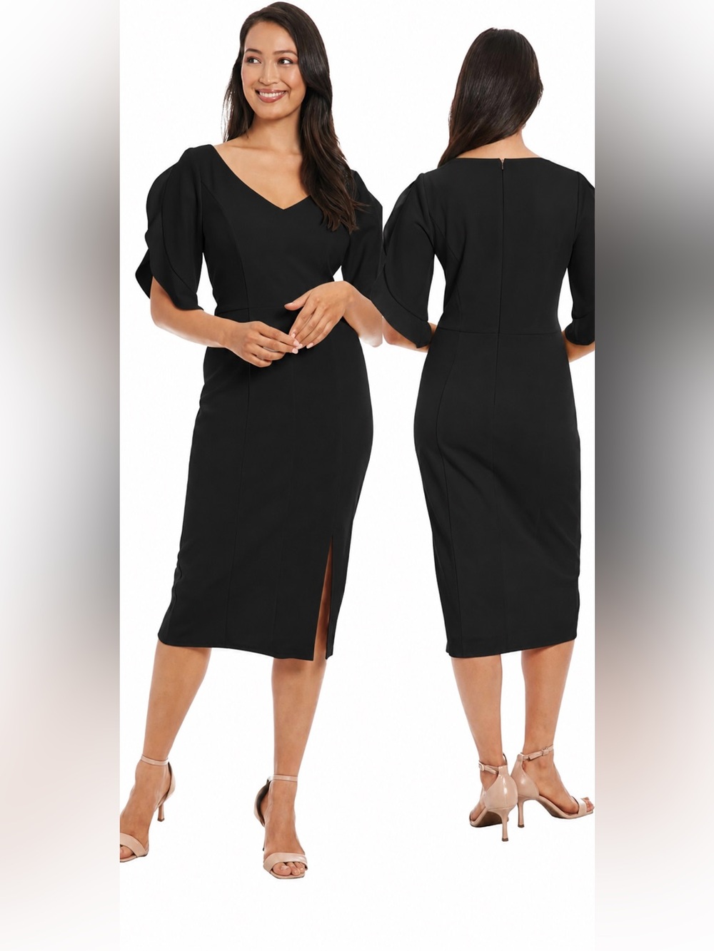 London Times Black V-Neck Midi Dress w/ Side Slit & Draped Sleeves, Size 18, NWT